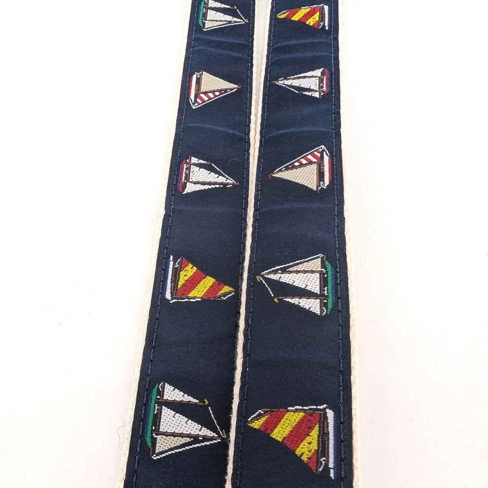 Sailboat Embroidered Nautical Nantucket Surcingle Belt Navy‎ Cream Leather 35